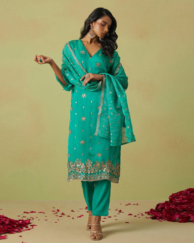 Blue Pure Shimmer Organza Embroidered Women Unstitched Pant Suit With Embroidered Dupatta