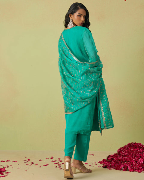 Blue Pure Shimmer Organza Embroidered Women Unstitched Pant Suit With Embroidered Dupatta