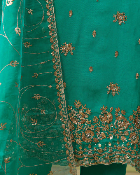 Blue Pure Shimmer Organza Embroidered Women Unstitched Pant Suit With Embroidered Dupatta