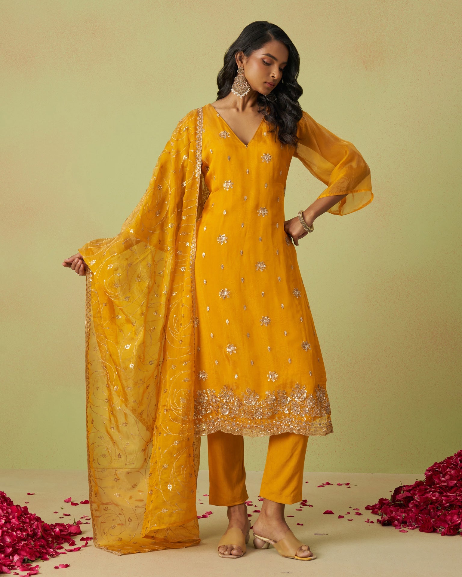 Yellow Pure Shimmer Organza Embroidered Women Unstitched Pant Suit With Embroidered Dupatta