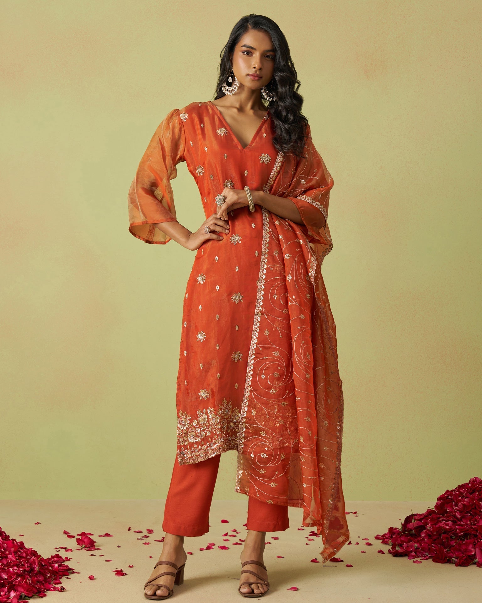 Orange Pure Shimmer Organza Embroidered Women Unstitched Pant Suit With Embroidered Dupatta