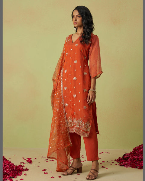 Orange Pure Shimmer Organza Embroidered Women Unstitched Pant Suit With Embroidered Dupatta