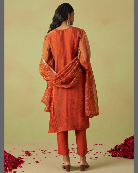 Orange Pure Shimmer Organza Embroidered Women Unstitched Pant Suit With Embroidered Dupatta