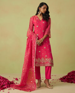 Pink Pure Shimmer Organza Embroidered Women Unstitched Pant Suit With Embroidered Dupatta