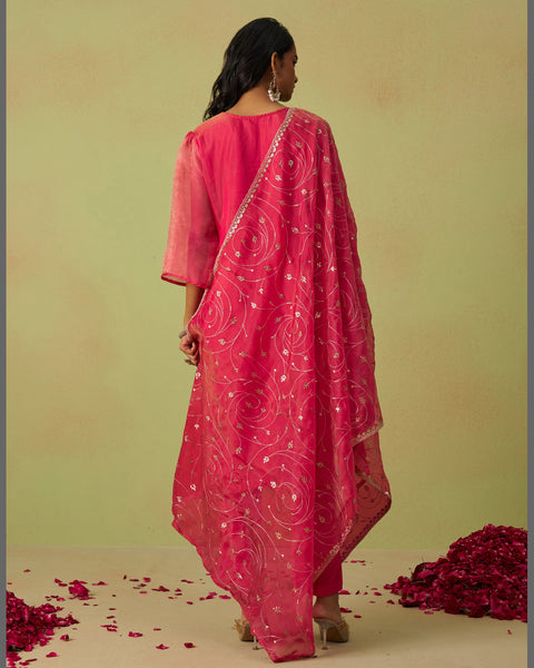 Pink Pure Shimmer Organza Embroidered Women Unstitched Pant Suit With Embroidered Dupatta