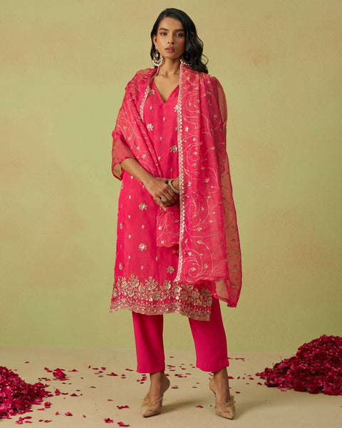 Pink Pure Shimmer Organza Embroidered Women Unstitched Pant Suit With Embroidered Dupatta