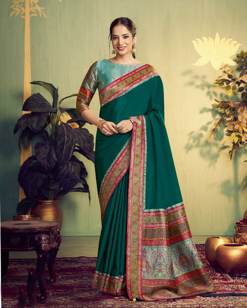 Teal Banarasi Rangkat Natural Silk Women Saree With Sea Green Embroidered Blouse