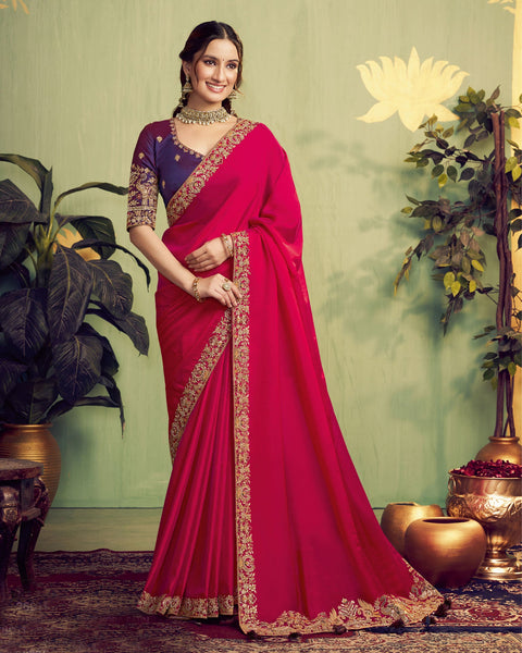 Hot Pink Two Tone Kora Satin Women Saree With Purple Embroidered Blouse
