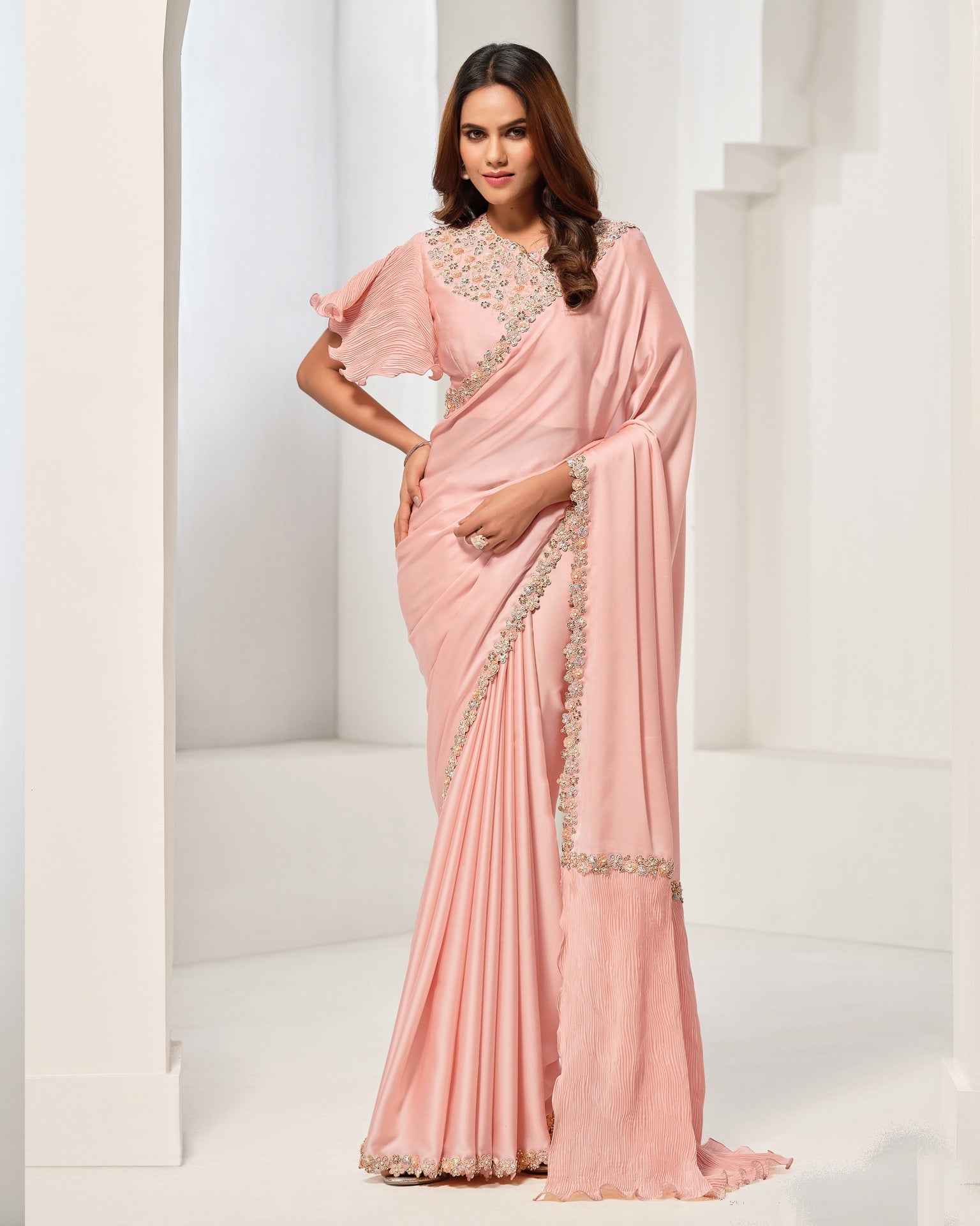 Peach Crepe Satin Silk Women Hand Work Saree With Unstitched Blouse