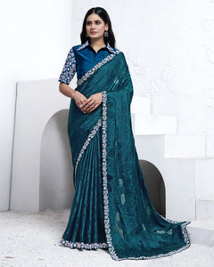 Teal Women Sequins Work Pattern Georgette Saree With Unstitched Blouse