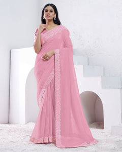 Light Pink Women Diamond Work Shimmer Crepe Silk Saree With Unstitched Blouse