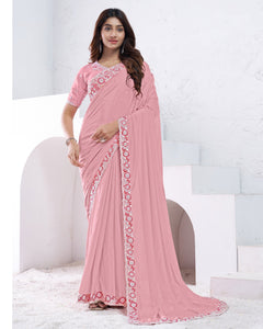 Light Pink Women Sequins Work Crepe Silk Saree With Unstitched Blouse