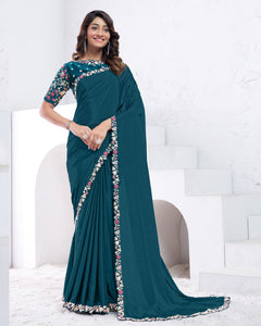 Teal Women Sequins Work Crepe Silk Saree With Unstitched Blouse