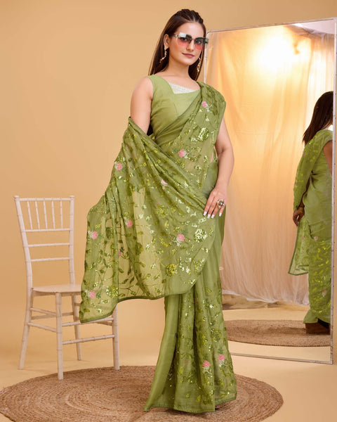 Mahendi Green Taby Organza Silk Saree Sequins Saree