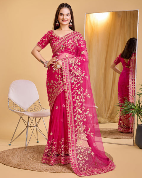 Dark Pink Soft Net Women Embroidered Saree With Unstitched Blouse