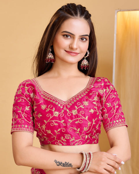 Dark Pink Soft Net Women Embroidered Saree With Unstitched Blouse