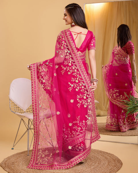 Dark Pink Soft Net Women Embroidered Saree With Unstitched Blouse