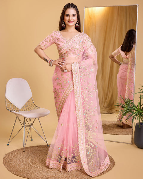 Peach Soft Net Women Embroidered Saree With Unstitched Blouse