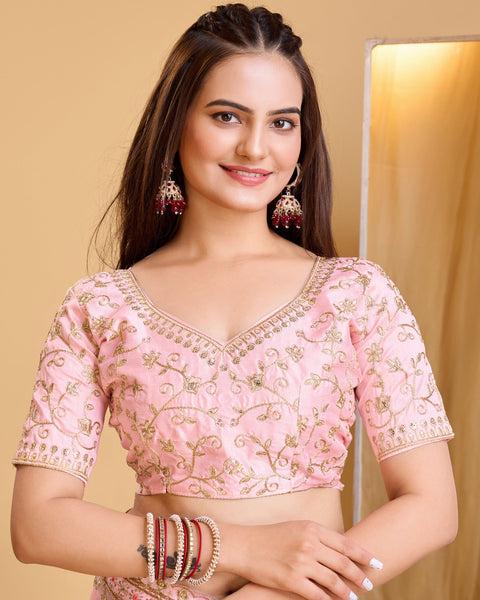 Peach Soft Net Women Embroidered Saree With Unstitched Blouse