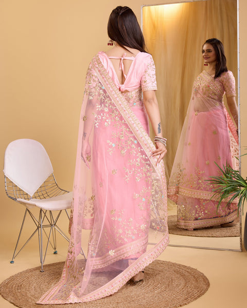 Peach Soft Net Women Embroidered Saree With Unstitched Blouse