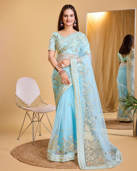 Sky Blue Soft Net Women Embroidered Saree With Unstitched Blouse