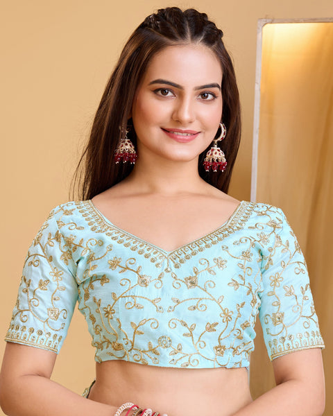 Sky Blue Soft Net Women Embroidered Saree With Unstitched Blouse