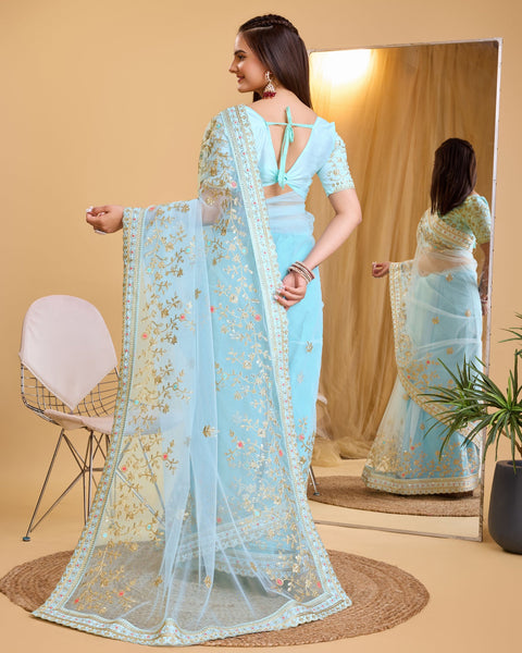 Sky Blue Soft Net Women Embroidered Saree With Unstitched Blouse