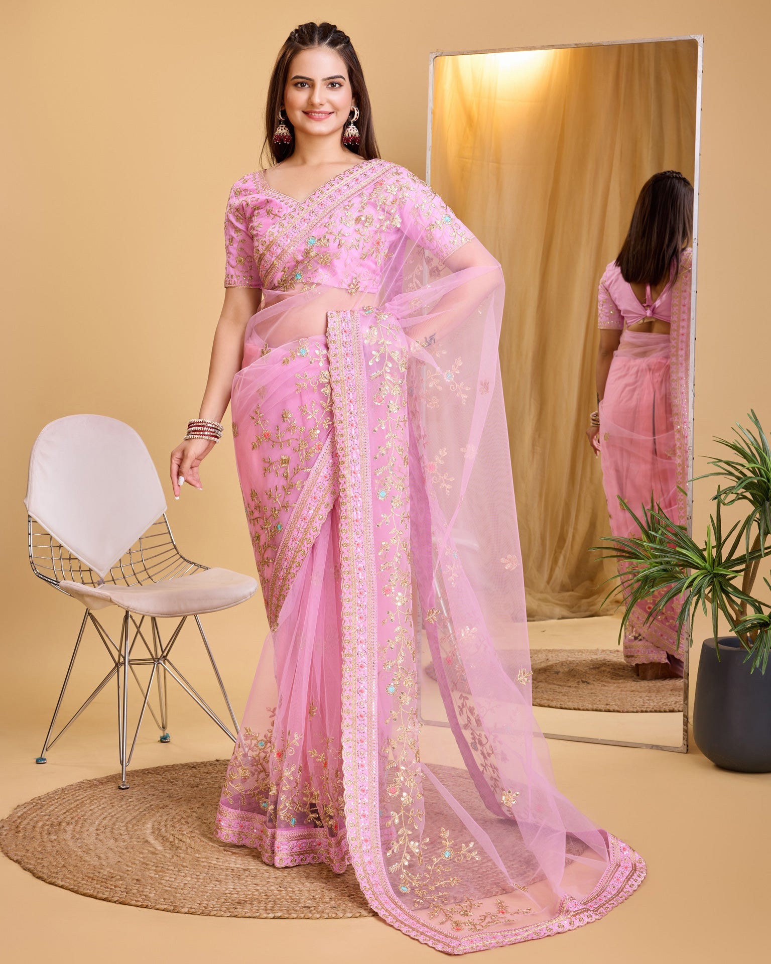 Pink Soft Net Women Embroidered Saree With Unstitched Blouse