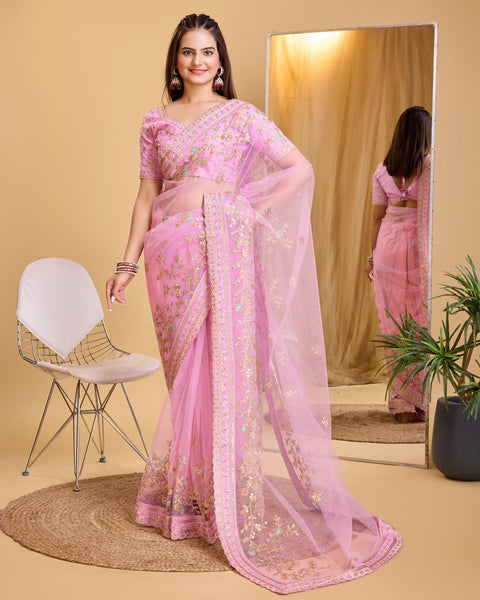 Pink Soft Net Women Embroidered Saree With Unstitched Blouse