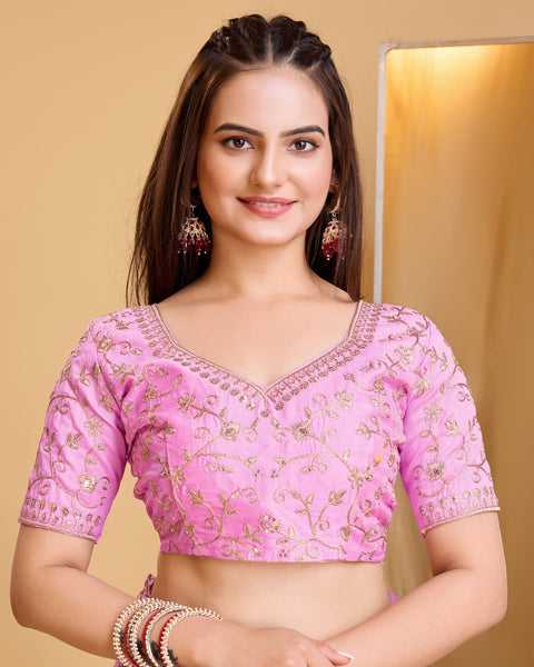 Pink Soft Net Women Embroidered Saree With Unstitched Blouse