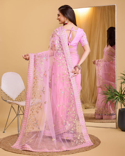 Pink Soft Net Women Embroidered Saree With Unstitched Blouse