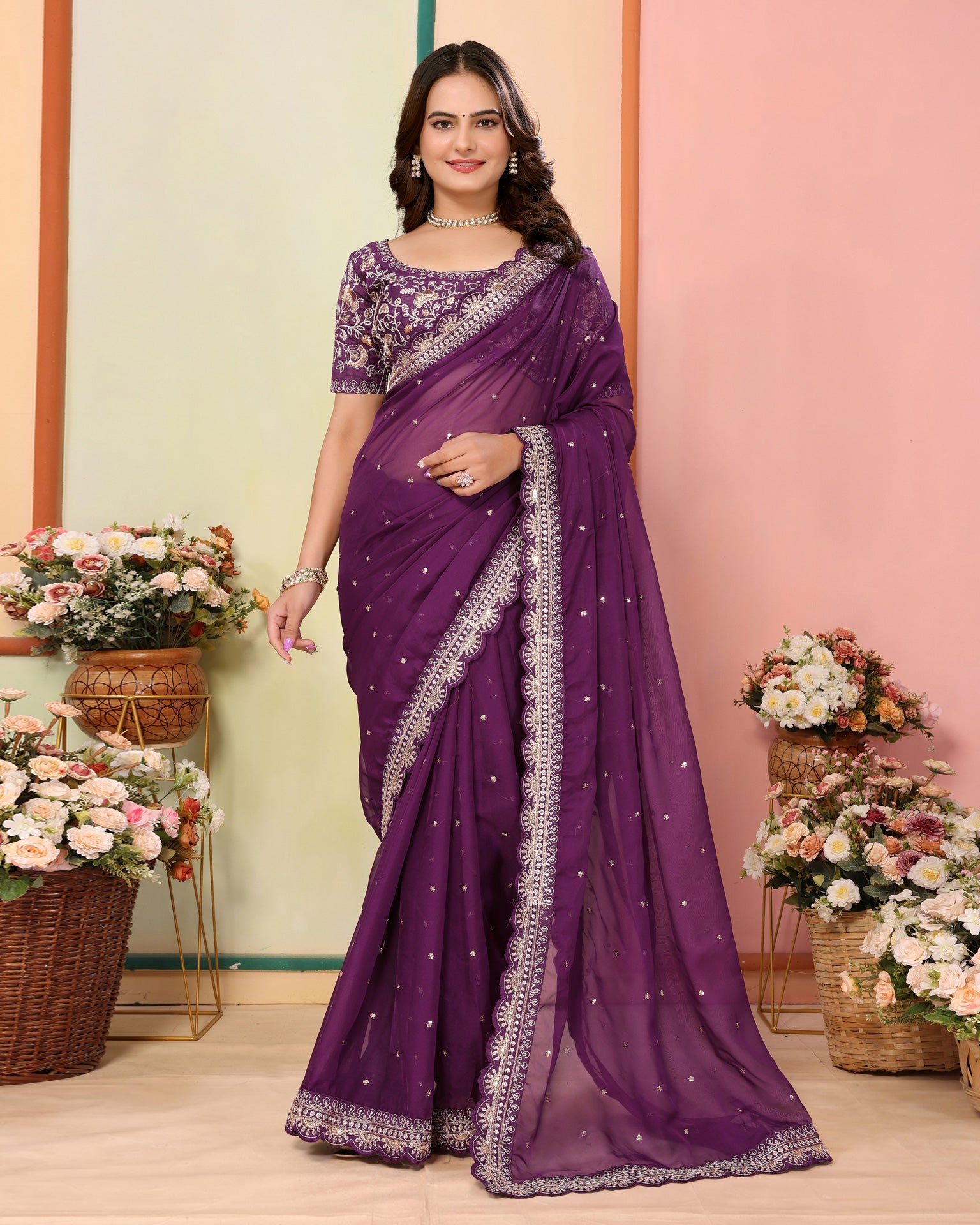 Wine Organza Embroidered Women Saree With Art Silk Embroidered Blouse