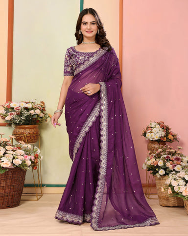 Wine Organza Embroidered Women Saree With Art Silk Embroidered Blouse