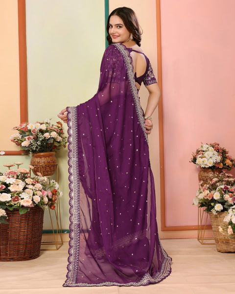 Wine Organza Embroidered Women Saree With Art Silk Embroidered Blouse