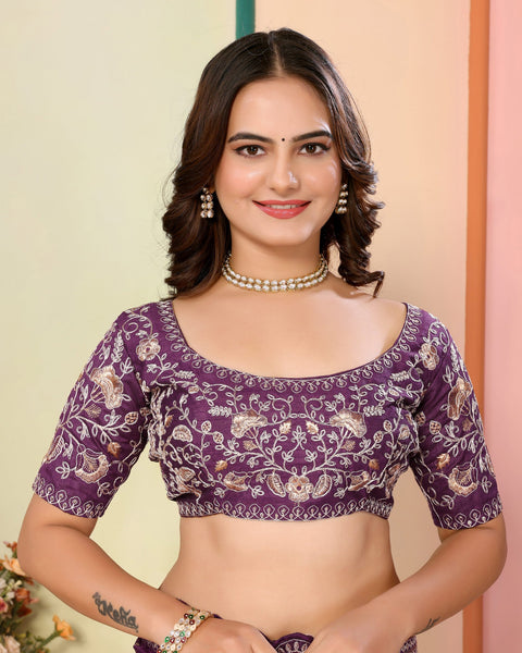 Wine Organza Embroidered Women Saree With Art Silk Embroidered Blouse