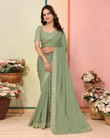 Pista Green Organza Embroidered Women Saree With Art Silk Embroidered Blouse