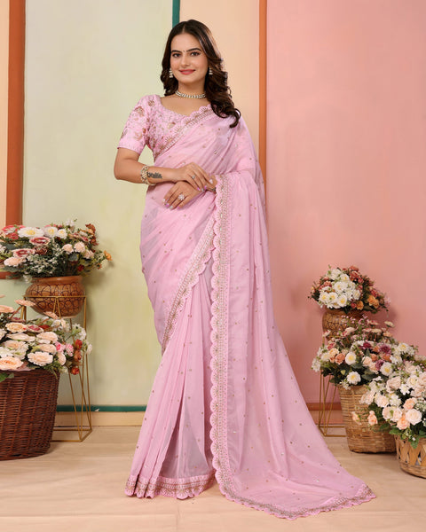 Pink Organza Embroidered Women Saree With Art Silk Embroidered Blouse