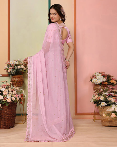 Pink Organza Embroidered Women Saree With Art Silk Embroidered Blouse