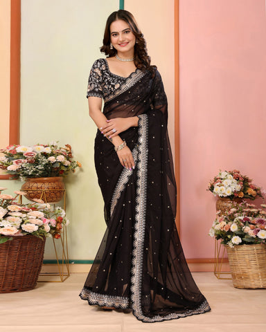 Black Organza Embroidered Women Saree With Art Silk Embroidered Blouse
