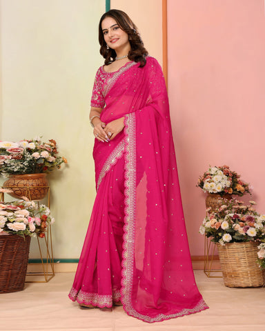 Dark Pink Organza Embroidered Women Saree With Art Silk Embroidered Blouse