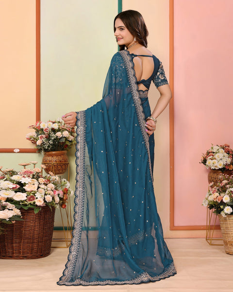 Teal Blue Organza Embroidered Women Saree With Art Silk Embroidered Blouse
