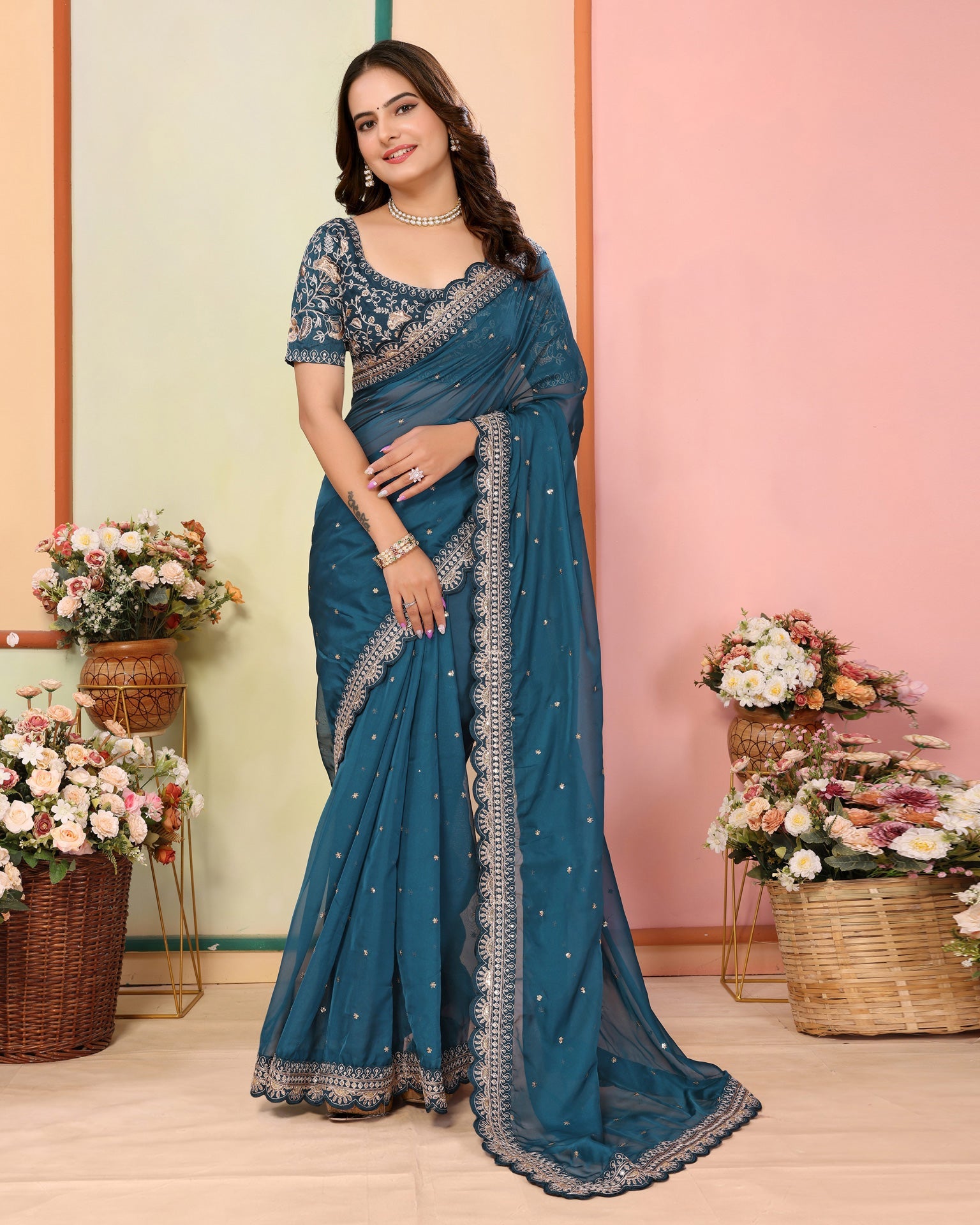 Teal Blue Organza Embroidered Women Saree With Art Silk Embroidered Blouse
