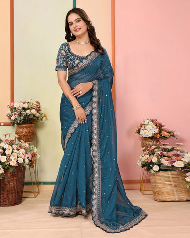Teal Blue Organza Embroidered Women Saree With Art Silk Embroidered Blouse