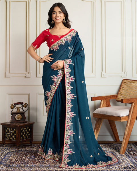 Blue Georgette Saree With Embroidered Art Silk Red Blouse For Women