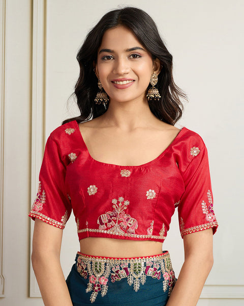 Blue Georgette Saree With Embroidered Art Silk Red Blouse For Women