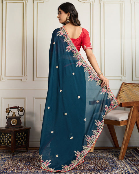 Blue Georgette Saree With Embroidered Art Silk Red Blouse For Women