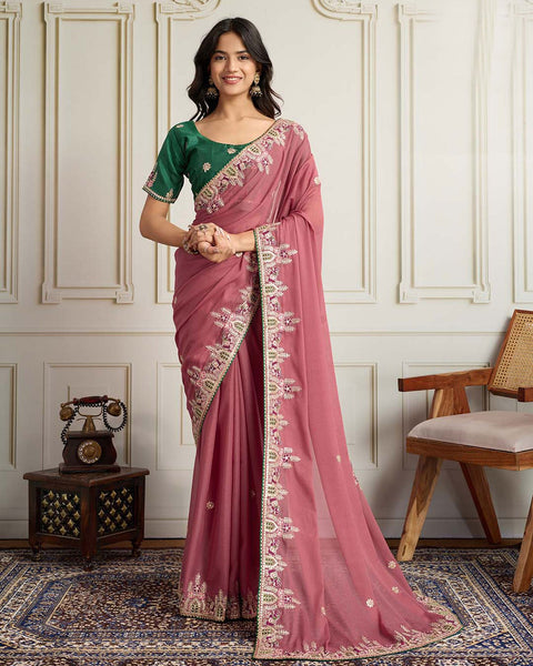 Pink Georgette Saree With Embroidered Art Silk Green Blouse For Women