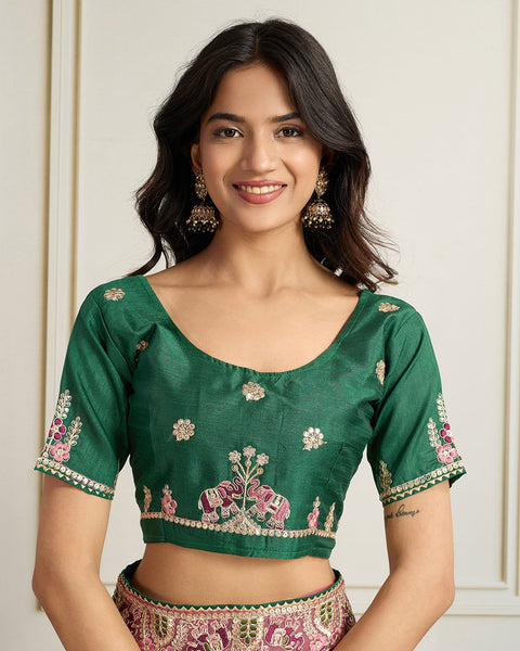 Pink Georgette Saree With Embroidered Art Silk Green Blouse For Women