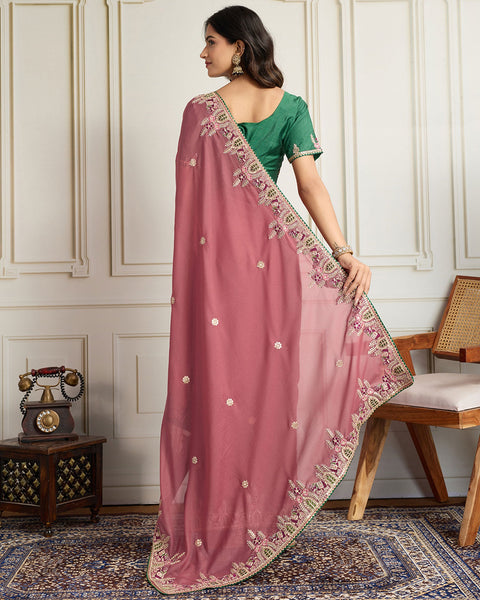 Pink Georgette Saree With Embroidered Art Silk Green Blouse For Women