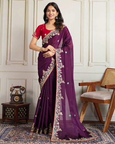 Purple Georgette Saree With Embroidered Art Silk Red Blouse For Women